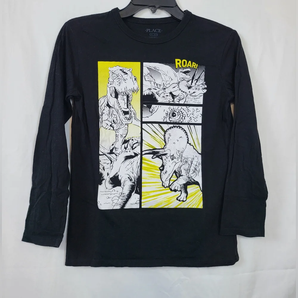 Children's Place Boys Black White Dino Comic Graphic‎ Long Sleeve Tee Sz L 10/12